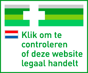 Een logo van een keurmerk. Drie horizontale strepen in drie tinten groen met daarin een wit kruis. Daaronder de Nederlands vlag en de tekst Klik om te controleren of de website legaal handelt.