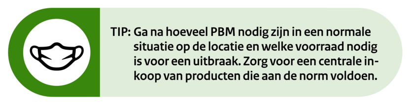 Tip: Ga na hoeveel PBM nodig zijn in een normale situatie op de locatie en welke voorraad nodig is voor een uitbraak. Zorg voor een centrale inkoop van producten die aan de norm voldoen en bewaak de voorraad.